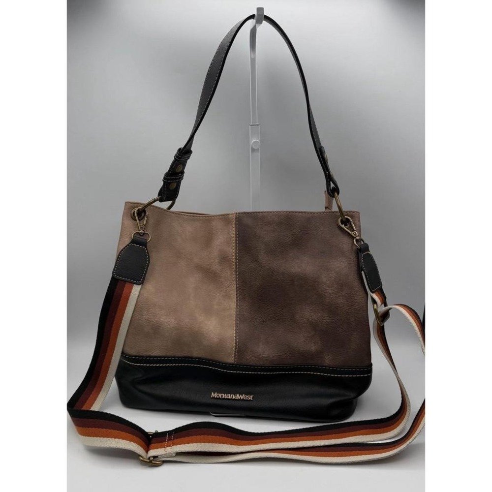Montana West‎ Colorblock Tote Shoulder Bag Faux Leather Brown Black Strap Boho